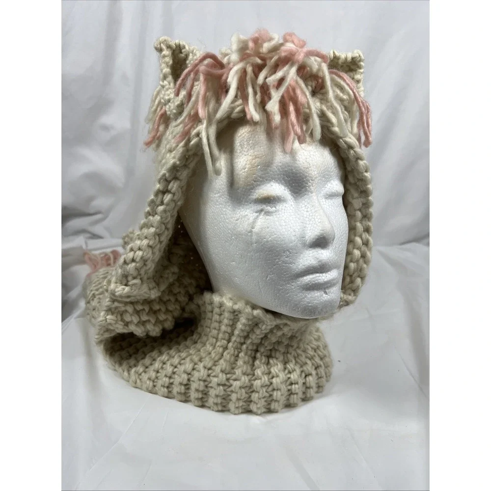 Girl's Crochet Hooded Scarf with‎ Ears/Mane/ Pink/Cream with Pockets